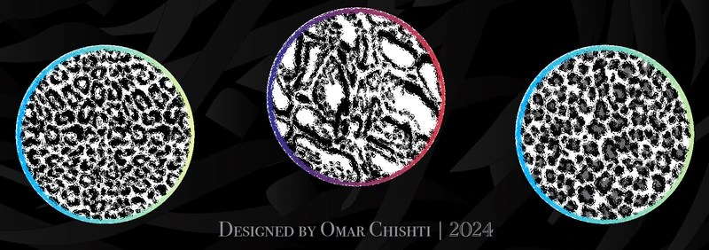 Three circular coat-pattern details: jaguar, clouded leopard and leopard