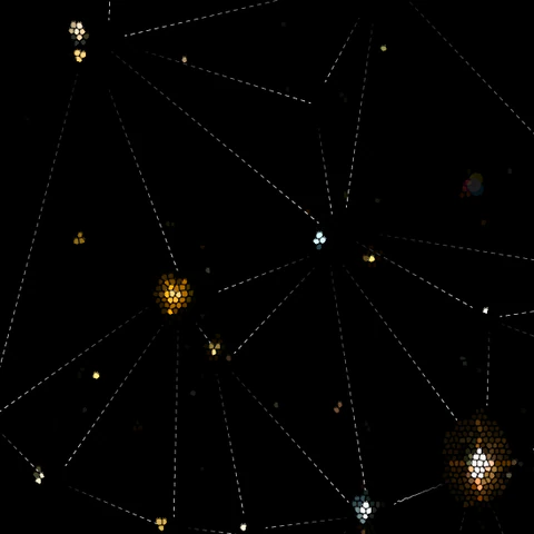 Voronoi tessellation in dashed lines and stained glass colouring on the background stars of the Orion poster