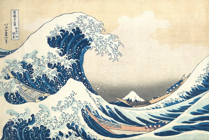 Hokusai, The Great Wave off Kanagawa — curling wave cresting above boats with Mount Fuji in the distance