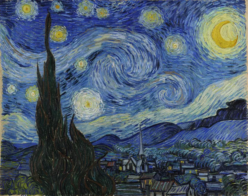 Vincent van Gogh, The Starry Night — swirling night sky over a village with cypress in the foreground