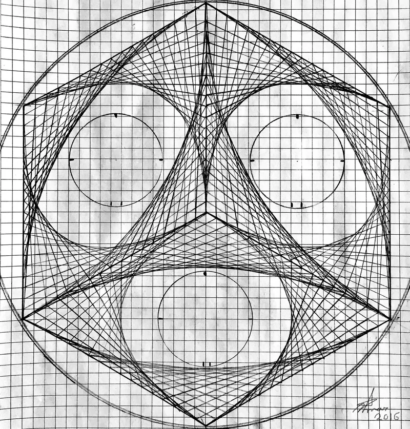 Graph paper sketch from 2016 showing three circles with triangulated geometry