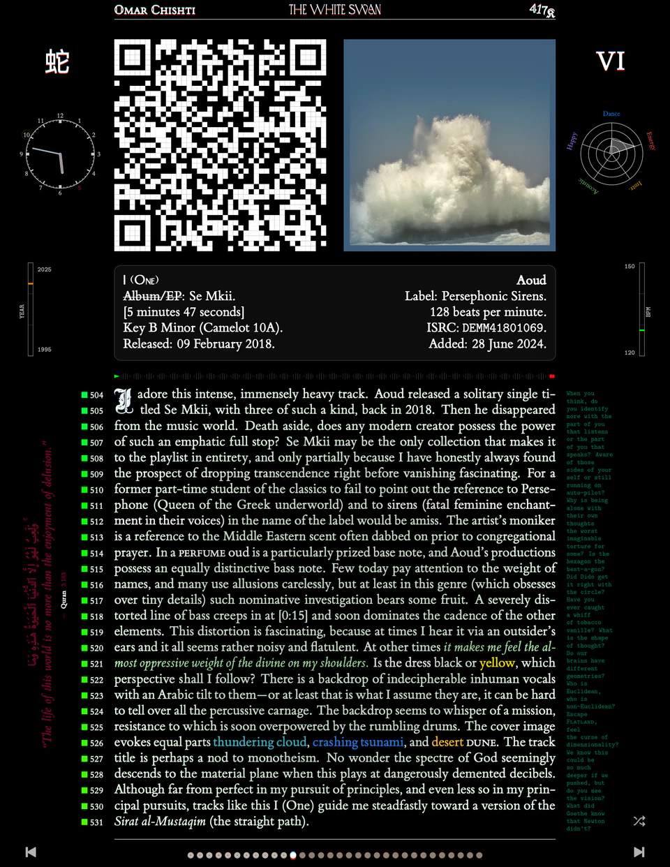 Track VI: I (One) — Aoud, Se Mkii on Persephonic Sirens, cumulus cloud photograph, kanji 蛇, essay on thundering cloud, crashing tsunami, and desert dunes