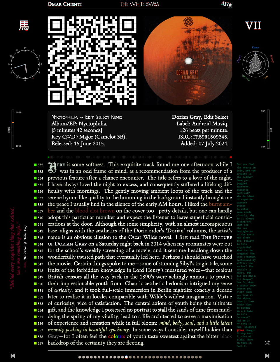 Track VII: Nyctophilia — Dorian Gray by Edit Select, orange marble vinyl on Android Muziq, kanji 馬, essay on night, Oscar Wilde, and chaotic aesthetic hedonism in Berlin