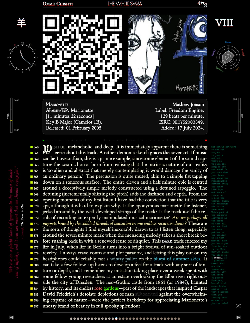 Track VIII: Marionette — Mathew Jonson, Gothic ink-sketch cover art of wide-eyed faces on Freedom Engine, kanji 羊, essay on Lovecraftian sound, Dresden, and Caspar David Friedrich