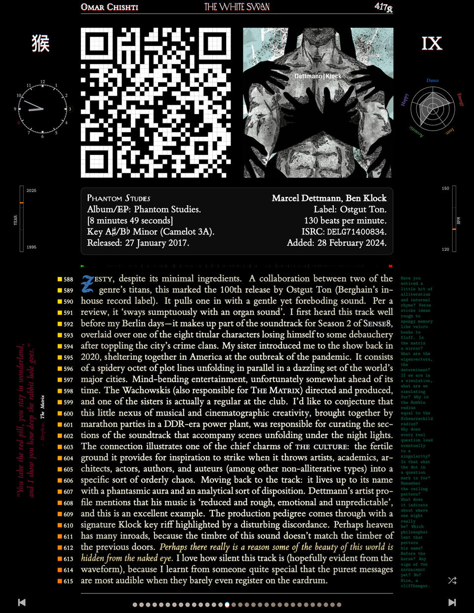Track IX: Phantom Studies — Marcel Dettmann & Ben Klock, Rorschach-mirrored face cover on Ostgut Ton, kanji 猴, essay on the label's 100th release and the Panorama lounge
