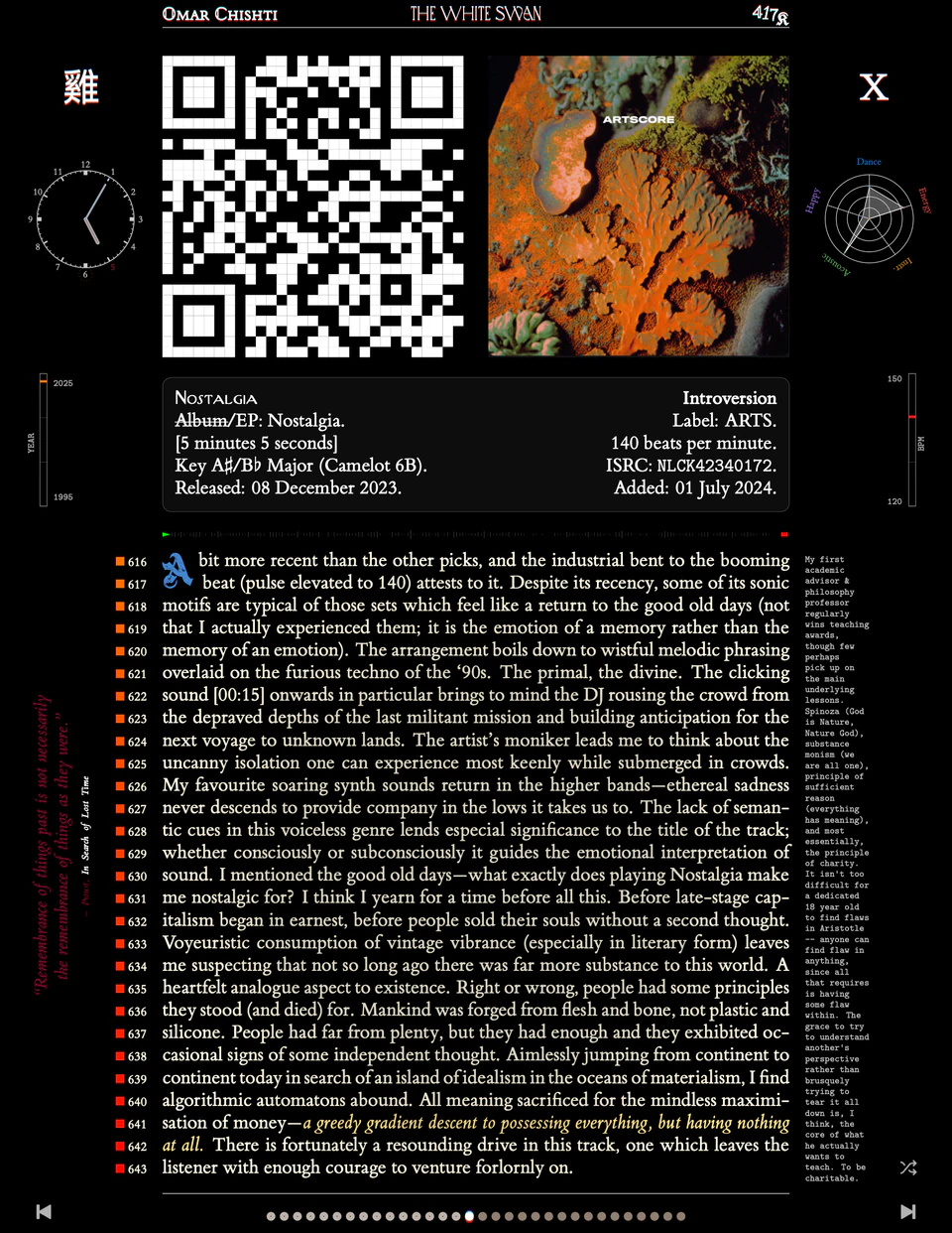 Track X: Nostalgia — Introversion on ARTS, orange coral and lichen texture cover, kanji 雞, essay on acid techno's primal divine and the memory of emotion