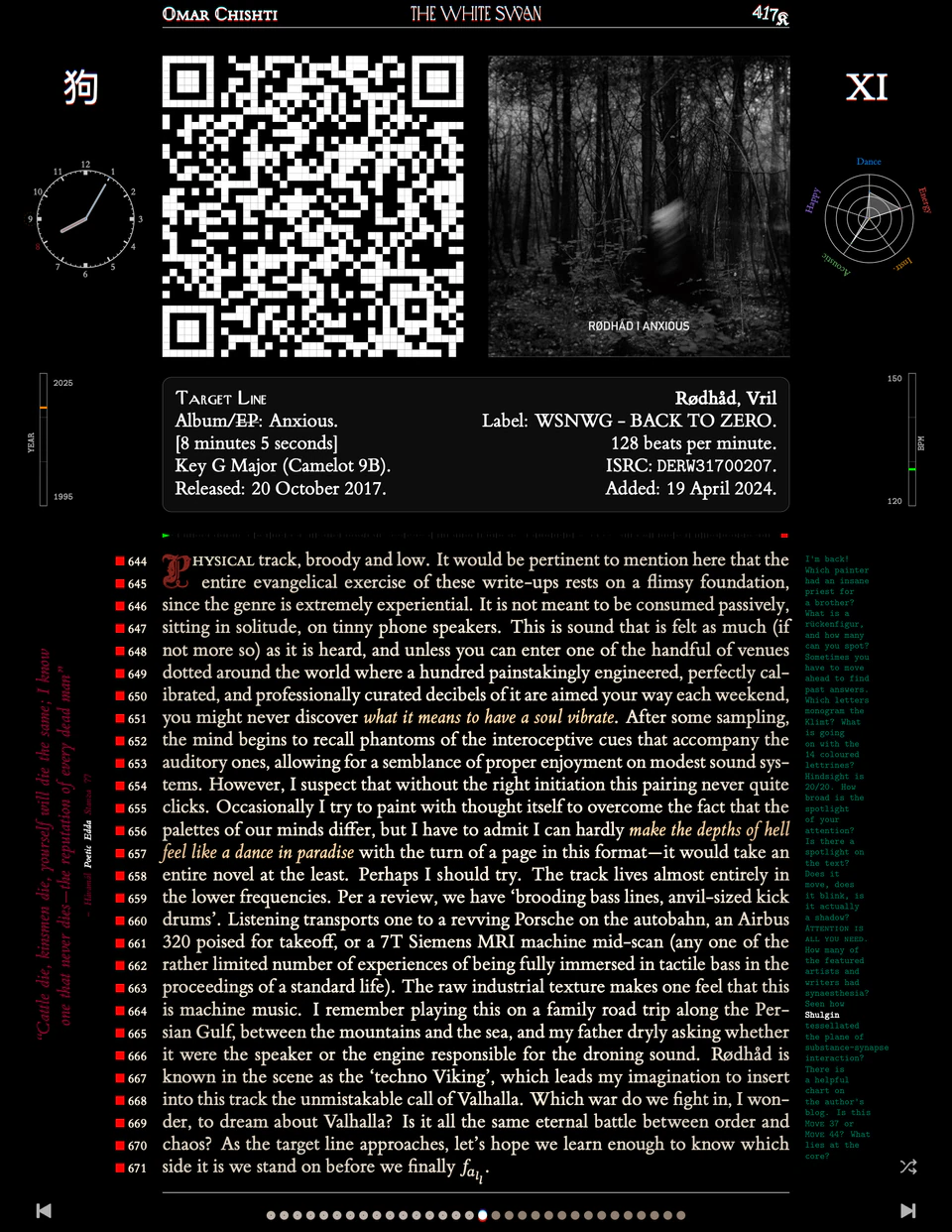 Track XI: Target Line — Radhåd by Veil, dark forest photograph on WSNWG, kanji 狗, essay on machine music, the autobahn, and the unmistakable call of Valhalla