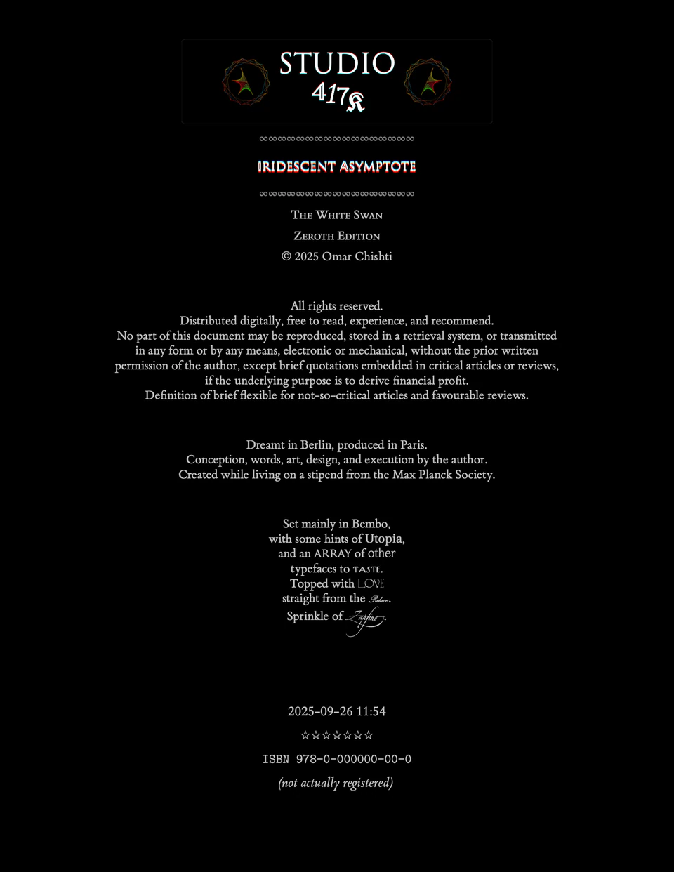 Colophon — Studio 417K imprint, copyright, publication details, 'Set mainly in Bembo, with some hints of Utopia'