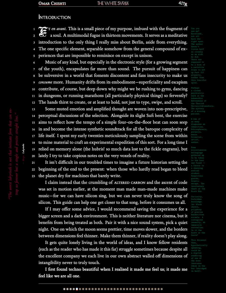 Introduction — opening essay, 'a multimodal fugue in thirteen movements', justified ETbb body text with line numbers and coloured navigation dots