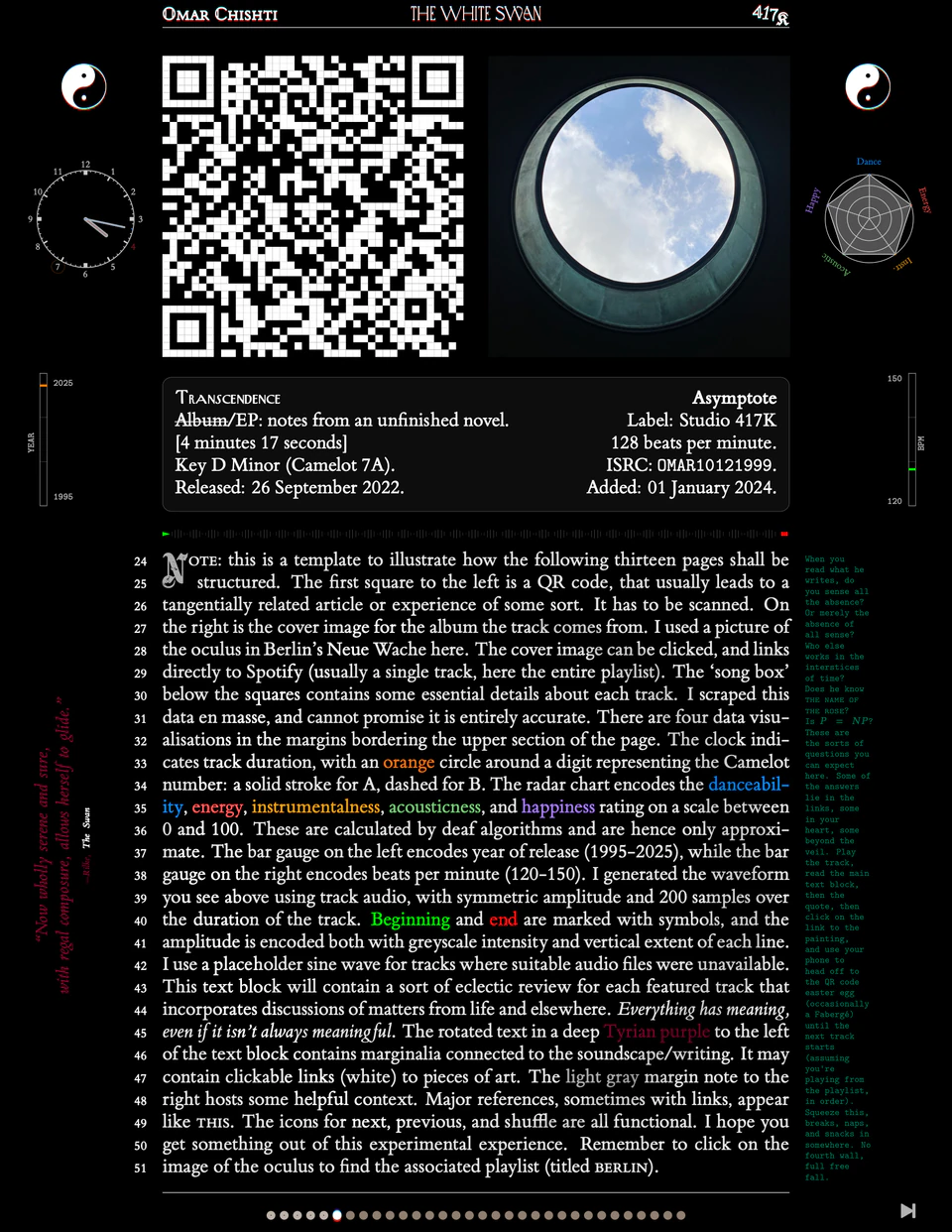 Template page — Transcendence as format explainer, QR code, moon photograph, waveform visualisation, radar chart, song box metadata, essay in ETbb describing the anatomy of each track page
